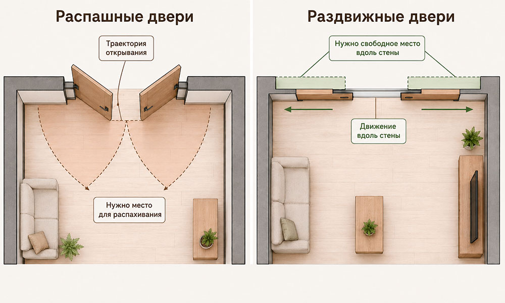 Сравнение распашных и раздвижных дверей: траектория открывания и необходимое пространство