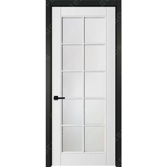 Фото белой двери Классика 5 остеклённой с чёрным наличником