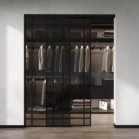 Алюминиевая стеклянная перегородка Классическая эксклюзив 2 створки чёрный матовый