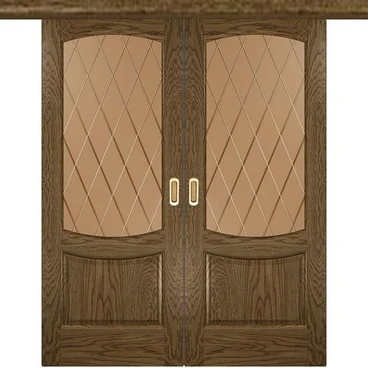 Межкомнатная двустворчатая дверь купе шпон Лаура 2 светлый морёный дуб со стеклом