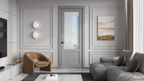 Фото межкомнатной двери керамик SC 4 серый остеклённая в интерьере 2