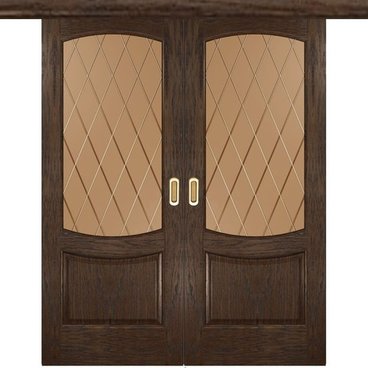 Межкомнатная двустворчатая дверь купе шпон Лаура 2 дуб морёный со стеклом