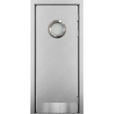 Маятниковая влагостойкая дверь Kapelli серый RAL 7035 с иллюминатором и отбойной пластиной