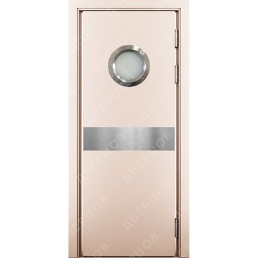 Маятниковая влагостойкая дверь Kapelli кремовый RAL 9001 с иллюминатором и отбойной пластиной посередине