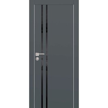 Межкомнатная дверь экошпон Profilo Porte PX-11 графит с алюминиевой кромкой с 4-х сторон стекло Lacobel чёрный