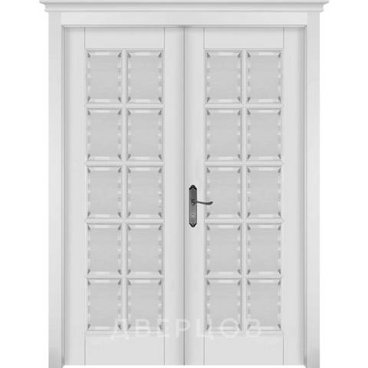 Межкомнатная дверь массив ольхи ОКА Лондон 2 белая эмаль распашная двустворчатая остеклённая