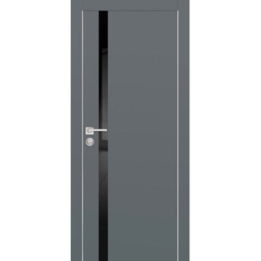Межкомнатная дверь экошпон PX-8 графит с алюминиевой кромкой с 4-х сторон стекло Lacobel черный