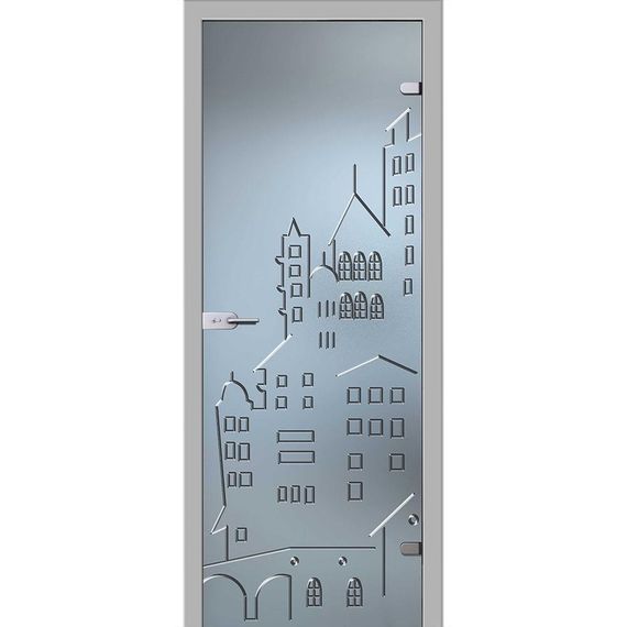 фотография стеклянной двери Город белое сатинато с наличниками из экошпона в цвете манхеттен