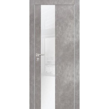 Межкомнатная дверь экошпон PX-6 серый бетон с алюминиевой кромкой с 4-х сторон стекло Lacobel белоснежный
