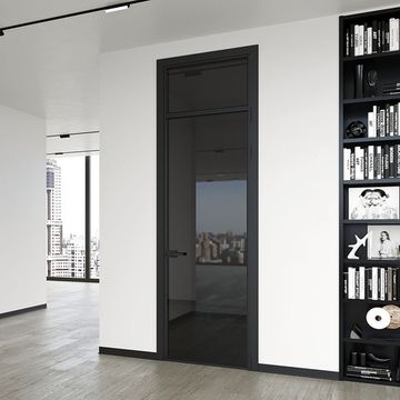 Алюминиевая межкомнатная дверь 1AV чёрная матовая RAL 9005 остеклённая