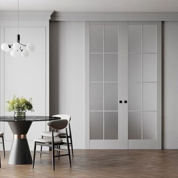 Раздвижная двустворчатая дверь Profil Doors 3.1.2 (р.8) PD вайт крем остеклённая