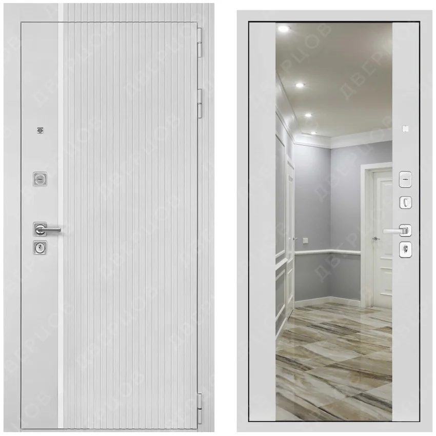 Входная дверь Президент Лайн ПВХ белый матовый панель зеркало INFINITY