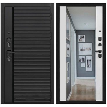 Входная дверь Президент Стайл чёрная мягкая шагрень белая мягкая шагрень с зеркалом