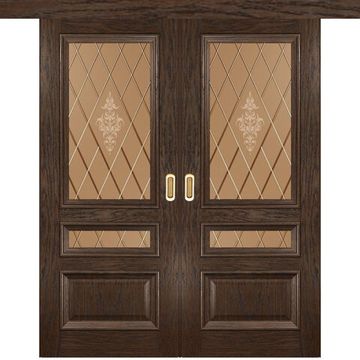 Межкомнатная двустворчатая дверь купе шпон Luxor Фараон 2 дуб морёный со стеклом
