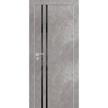 Межкомнатная дверь экошпон PX-11 серый бетон с AL кромкой и стеклом чёрный Lacobel