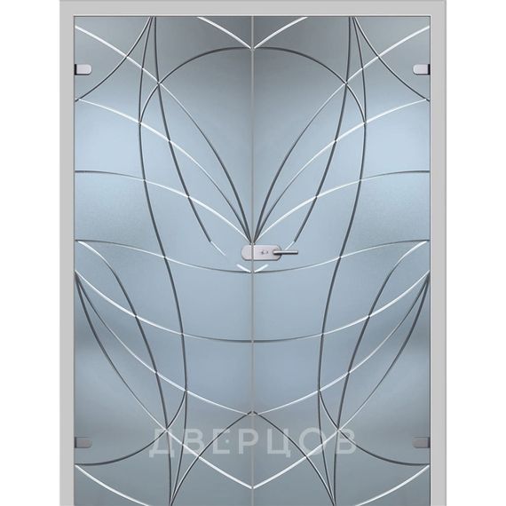 Фото стеклянной распашной двухстворчатой двери Аврора с коробкой и наличниками в цвете манхеттен