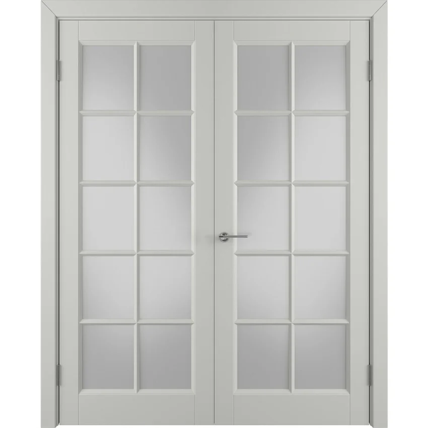 Фото двухстворчатой распашной двери Аура светло-серая эмаль со стеклом