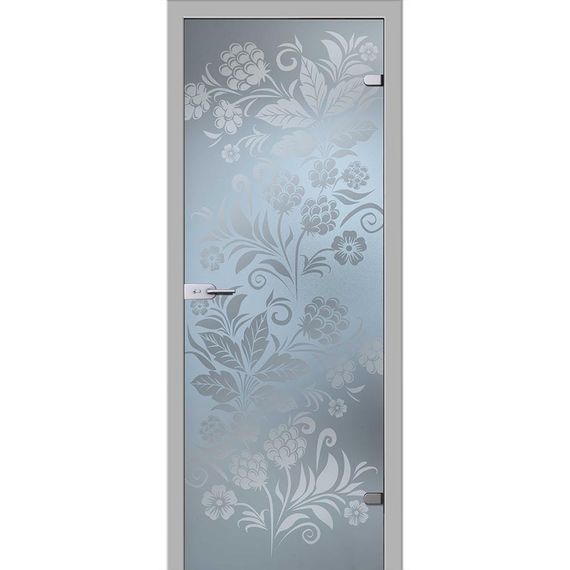 фотография стеклянной двери Хохлома белое сатинато с наличниками из экошпона в цвете манхеттен