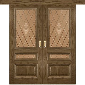 Межкомнатная двустворчатая дверь купе шпон Luxor Фараон 2 светлый морёный дуб со стеклом