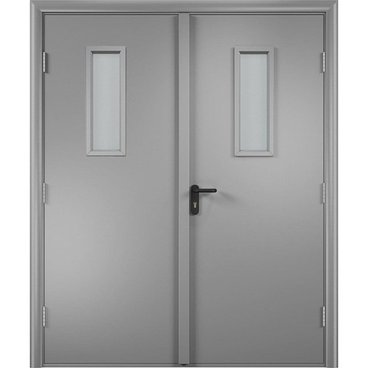 Дверь противопожарная деревянная двупольная ПВХ EI60 серая со стеклом