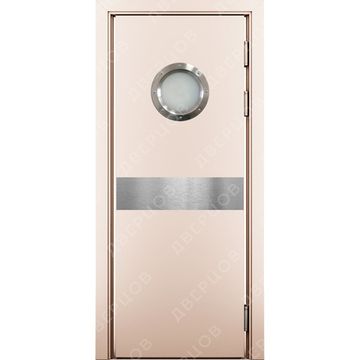 Маятниковая влагостойкая дверь Kapelli кремовый RAL 9001 с иллюминатором и отбойной пластиной посередине