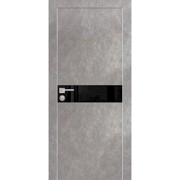 Межкомнатная дверь экошпон Profilo Porte PX-13 серый бетон с алюминиевой кромкой с 4-х сторон стекло Lacobel чёрный