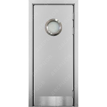 Маятниковая влагостойкая дверь Kapelli серый RAL 7035 с иллюминатором и отбойной пластиной