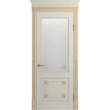 Межкомнатная дверь массив дуба Флоренция белая эмаль патина золото остеклённая