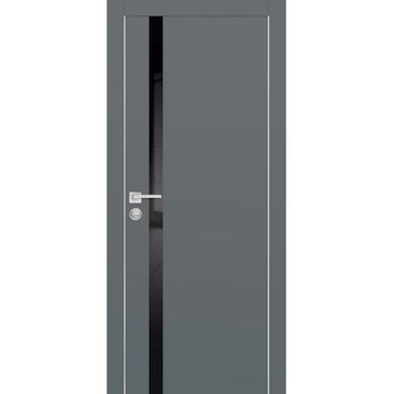 Межкомнатная дверь экошпон PX-8 графит с алюминиевой кромкой с 4-х сторон стекло Lacobel черный