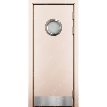 Маятниковая влагостойкая дверь Kapelli кремовый RAL 9001 с иллюминатором и отбойной пластиной