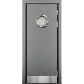 Маятниковая влагостойкая дверь Kapelli серый RAL 7040 с иллюминатором и отбойной пластиной