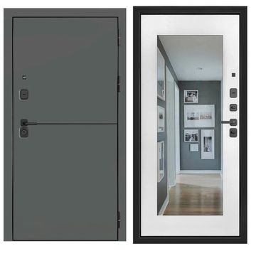 Входная стальная дверь SL-1 ПВХ графит мягкая шагрень панель ПВХ белоснежная мягкая шагрень с зеркалом