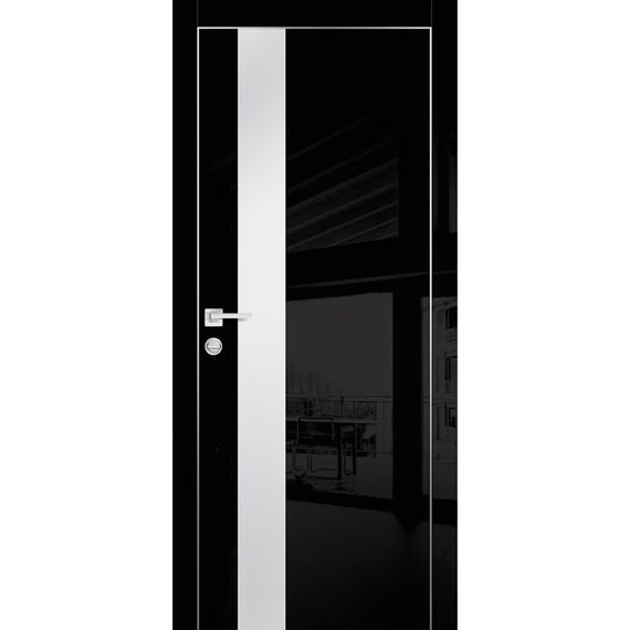 Фото межкомнатной двери экошпон HGX-10 чёрный глянец с алюминиевой кромкой с 4-х сторон стекло Matelac белый
