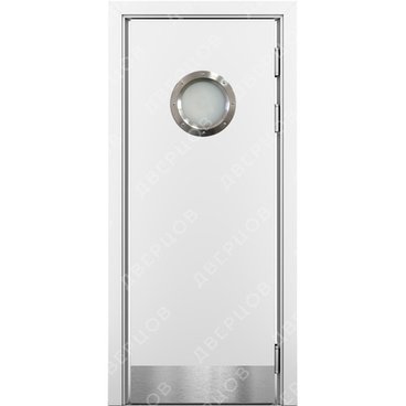 Маятниковая влагостойкая дверь Kapelli белая с иллюминатором и отбойной пластиной