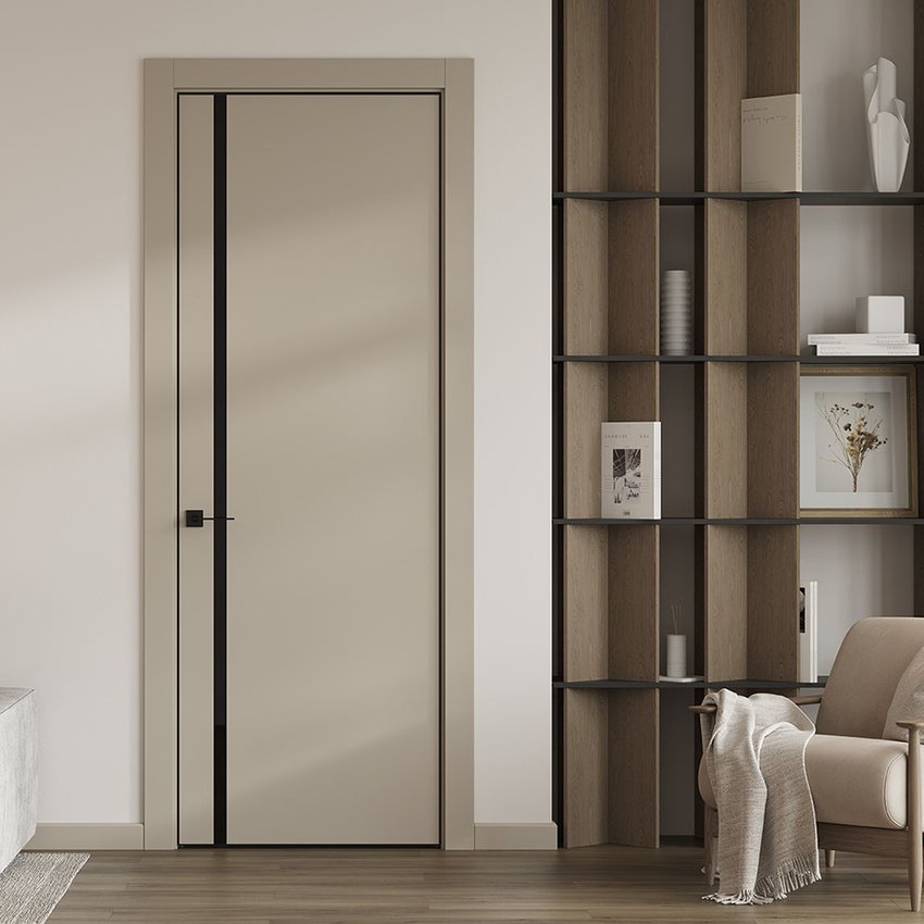 Фото межкомнатной двери керамик MN 5 бежевый стекло чёрное в интерьере