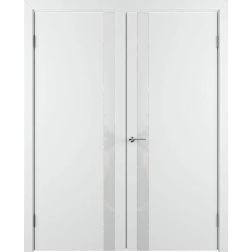Фото двухстворчатой двери Флэт белая эмаль со стеклом