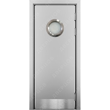 Маятниковая влагостойкая дверь Kapelli серый RAL 7035 с иллюминатором и отбойной пластиной