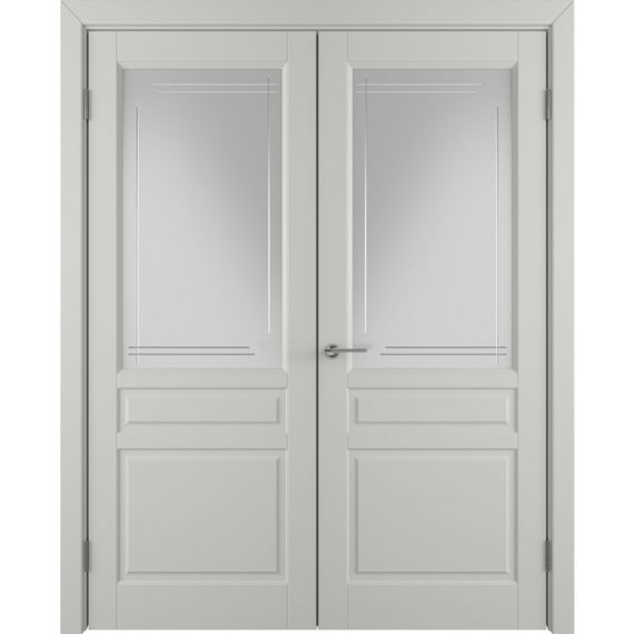 Фото двухстворчатой распашной двери Бриз светло-серая эмаль со стеклом