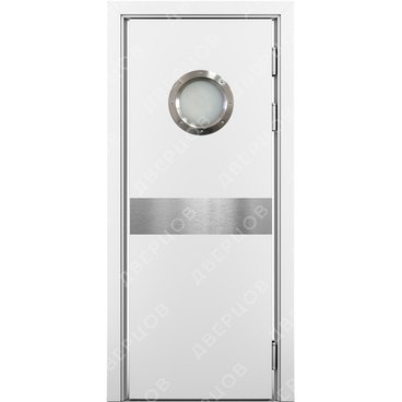 Маятниковая влагостойкая дверь Kapelli белая с иллюминатором и отбойной пластиной посередине