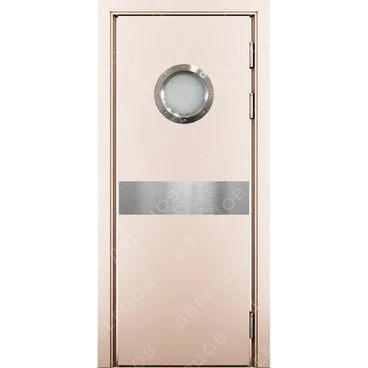 Маятниковая влагостойкая дверь Kapelli кремовый RAL 9001 с иллюминатором и отбойной пластиной посередине