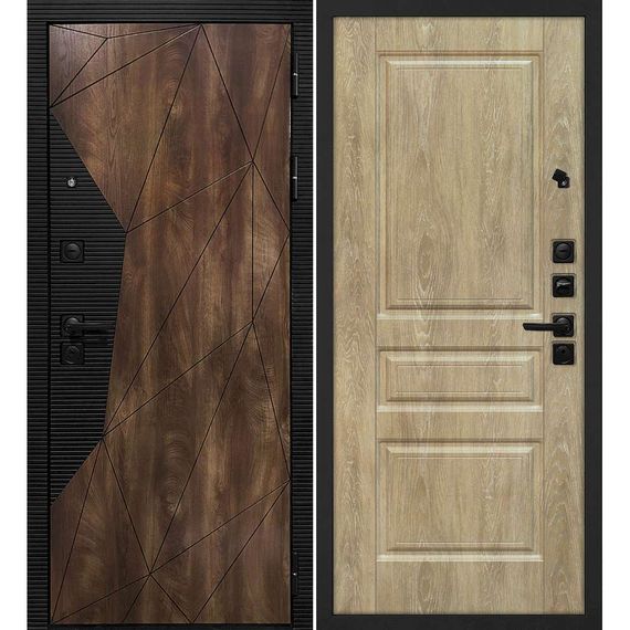 Входная дверь Лофт-2 дуб коньяк патина чёрный кварц панель фрезерованная дуб песочный