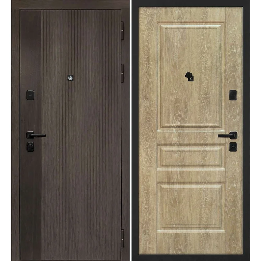 Входная дверь Вертикаль дымчатый камень дуб морёный панель фрезерованная дуб песочный