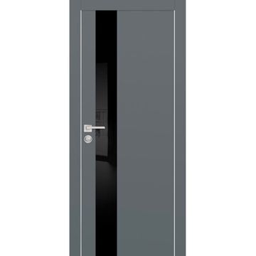 Межкомнатная дверь экошпон PX-10 графит с алюминиевой кромкой с 4-х сторон стекло Lacobel черный