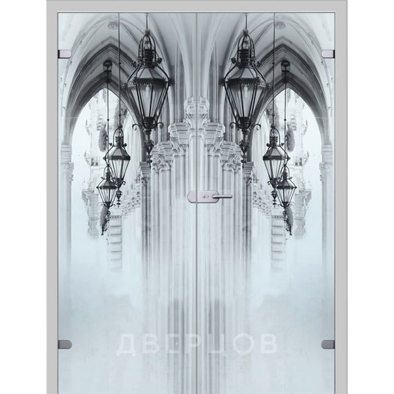 Фото стеклянной распашной двухстворчатой двери Аркада с коробкой и наличниками в цвете манхеттен