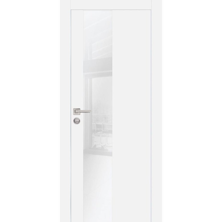 Межкомнатная дверь экошпон PX-6 белая с алюминиевой кромкой с 4-х сторон стекло Lacobel белоснежный