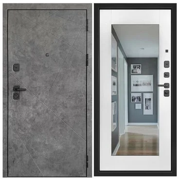 Входная стальная дверь Прогресс Лайт ПВХ тёмный бетон панель ПВХ белая шагрень с зеркалом