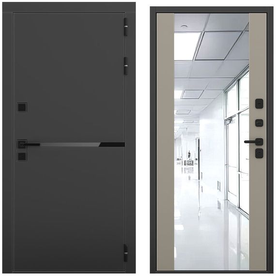 Входная дверь Горизонт чёрный кварц панель зеркало Maxi варм грей