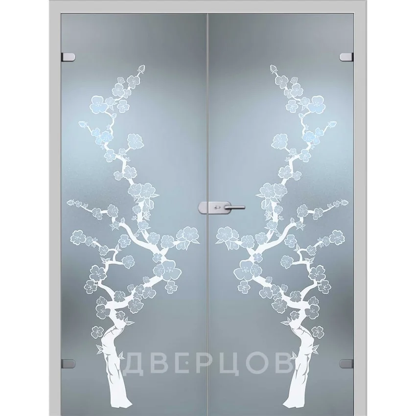 Фото стеклянной распашной двухстворчатой двери Сакура с коробкой и наличниками в цвете манхеттен