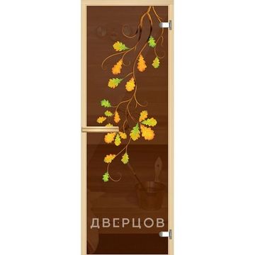 Дверь для сауны бронзовая с рисунком Ветка дуба ручка магнит