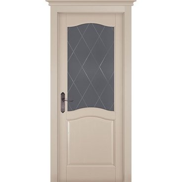 Межкомнатная дверь массив сосны ОКА Лео Браш эмаль крем стекло графит с фрезеровкой